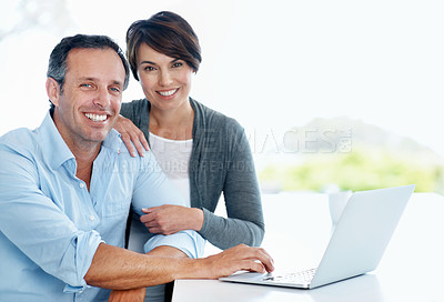 Buy stock photo Laptop, happy and portrait of couple in home with finance, savings or investment planning for payout. Smile, computer and man with woman for financial blog for budget tips online in apartment.