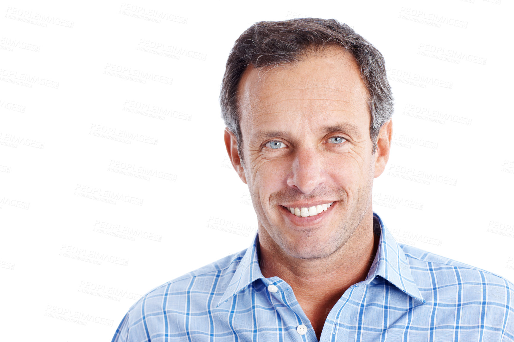 Buy stock photo Wellbeing, portrait and happy man in studio with good mood, positive attitude or pride in wellness. Delight, space or mature person with smile, confidence and satisfaction on white background.