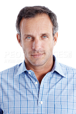 Buy stock photo Serious, portrait and businessman with pride in studio, paraplanner and ambitious for career growth. White background, financial advisor and mature person with job experience and confident in Canada