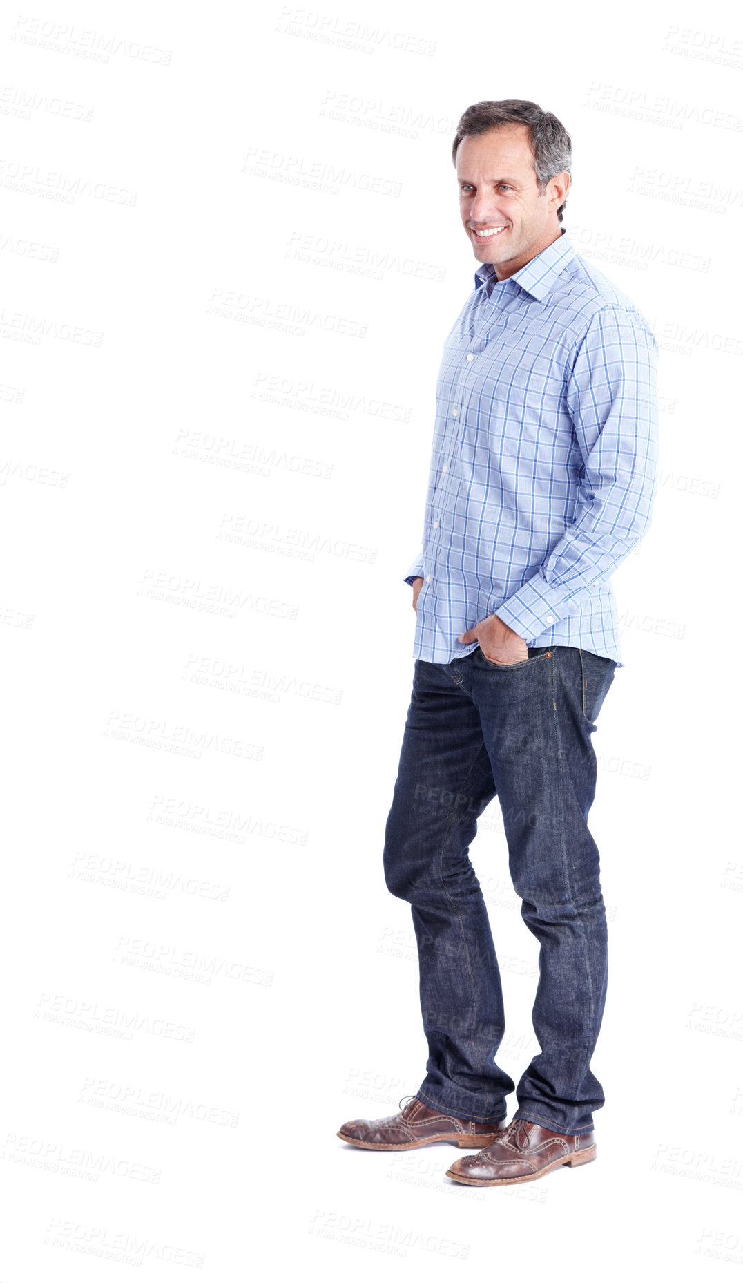 Buy stock photo Denim, fashion and happy man with style in studio for semi formal clothing on a white background. Male person, smile or checkered shirt with confidence for casual business or attire on mockup space