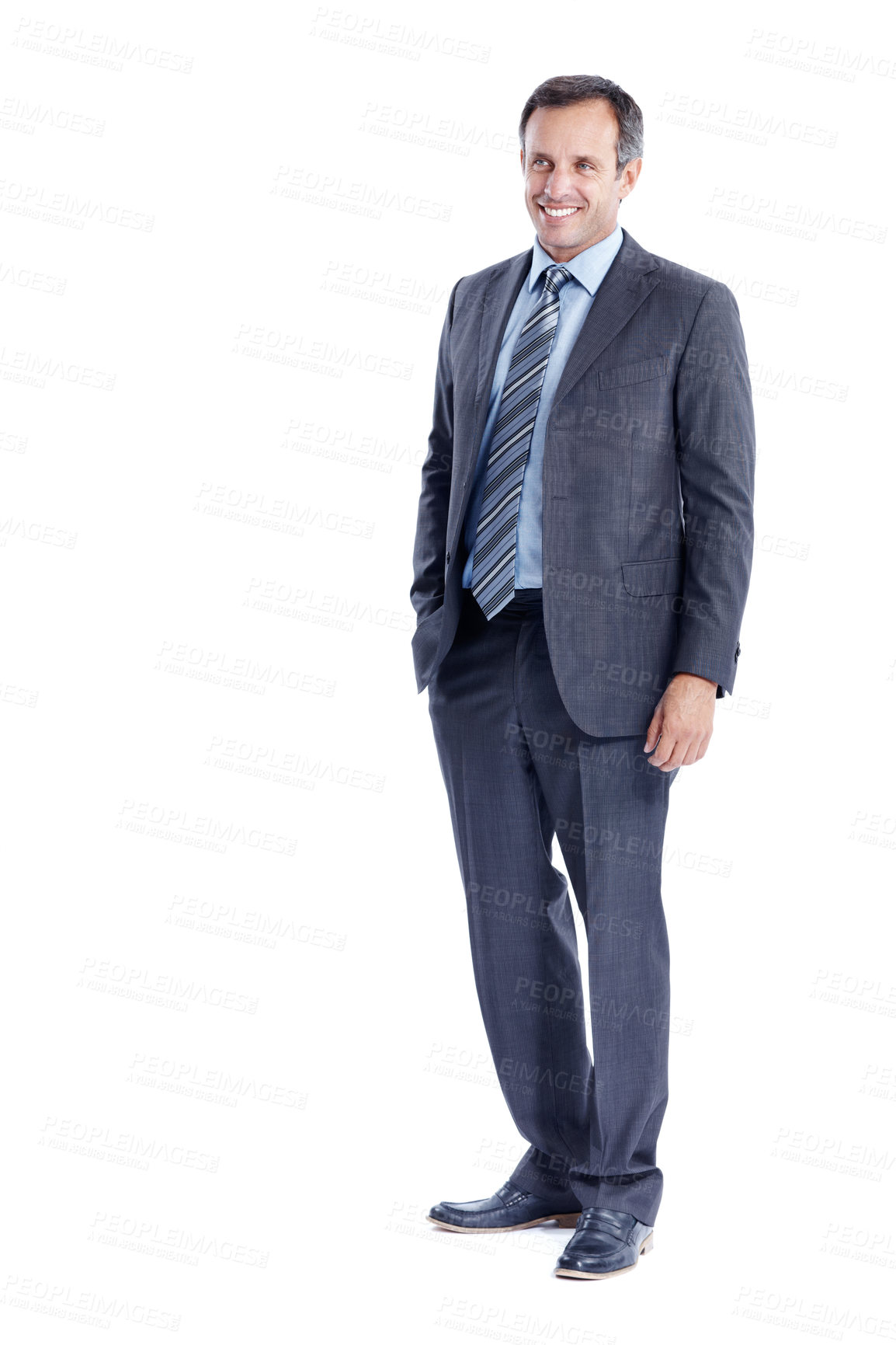 Buy stock photo Thinking, studio and business man with smile, investment decision and corporate treasurer with idea. Reflection, happy and mature person, financial planning and mockup on white background space