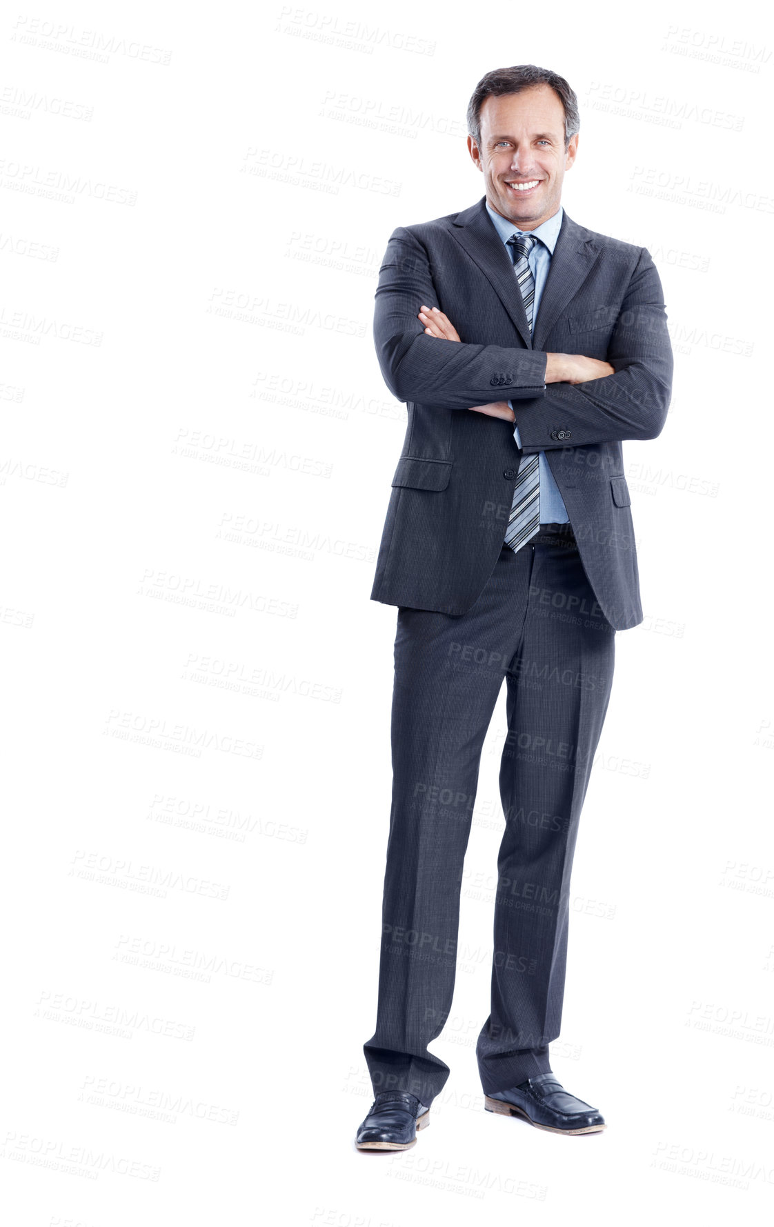 Buy stock photo Smile, studio and business man with arms crossed, investment and corporate treasurer. Confidence, happy and mature person, portrait or financial executive with experience on white background space