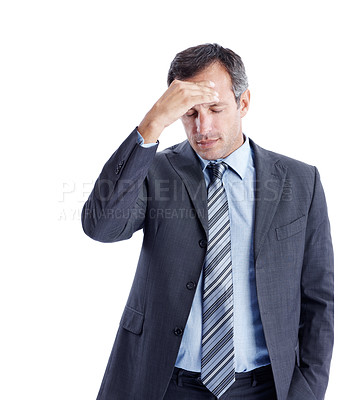 Buy stock photo Businessman, headache and stress in studio with burnout, financial crisis or frustrated for bad economy. Tired, mature person and migraine with pain, debt risk and inflation issue on white background
