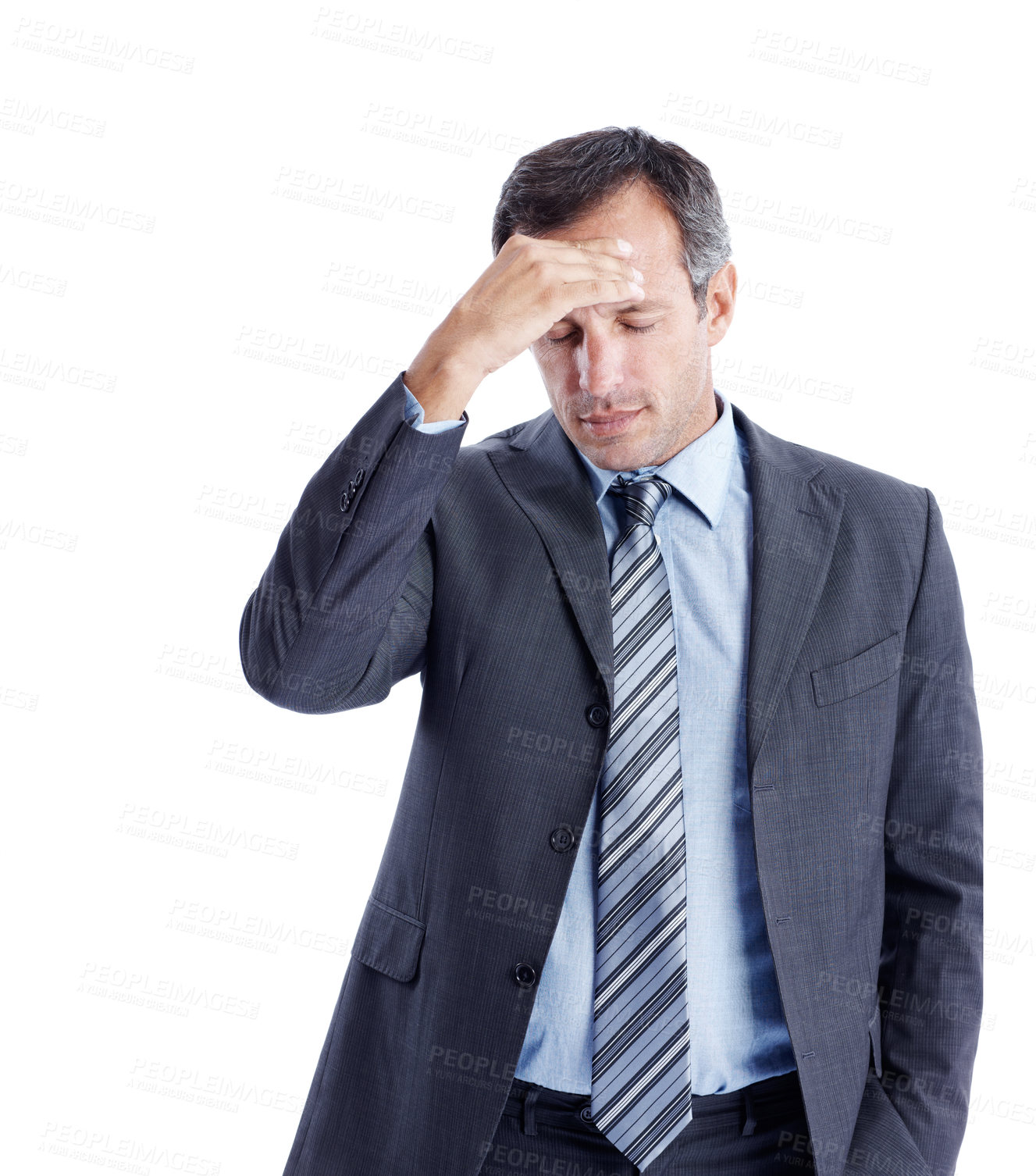 Buy stock photo Businessman, headache and stress in studio with burnout, financial crisis or frustrated for bad economy. Tired, mature person and migraine with pain, debt risk and inflation issue on white background