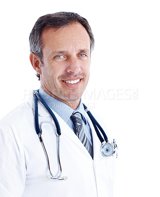 Buy stock photo Happy, doctor and man in studio with portrait, medical service or satisfaction for career development. Smile, healthcare worker or mature person with experience, pride or about us on white background