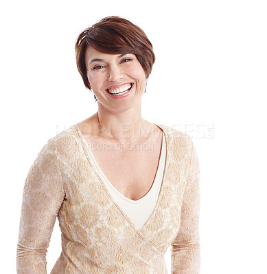 Buy stock photo Wellbeing, portrait and happy woman in studio with feel good, positive attitude or optimism in wellness. Delight, space or female person with smile, confidence and satisfaction on white background.