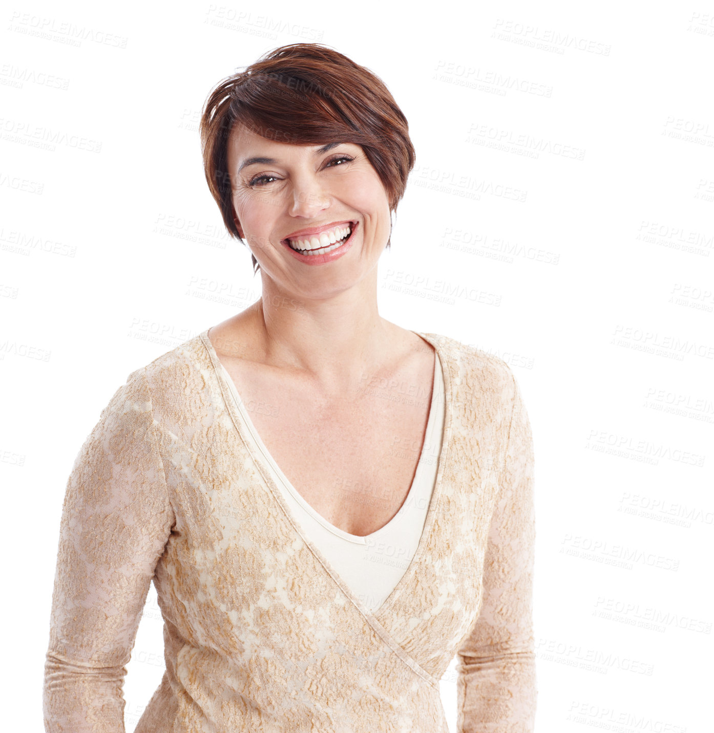 Buy stock photo Wellbeing, portrait and happy woman in studio with feel good, positive attitude or optimism in wellness. Delight, space or female person with smile, confidence and satisfaction on white background.