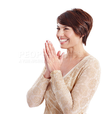 Buy stock photo Applause, celebration and happy woman with good news in studio for winning on a white background. Excited, female person or clapping with positive smile for surprise, success or victory on space