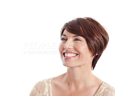 Buy stock photo Smile, woman and thinking in studio with space, idea or nostalgic memory on white background. Reflection, happy person and vision with perspective for positive mindset, inspiration and introspection