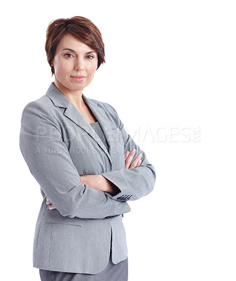 Buy stock photo Business, portrait or woman with arms crossed, legal advisor or about us as litigation attorney. Space, pride or lawyer with confidence, justice professional or court advocate on studio background.
