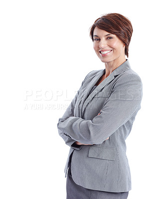 Buy stock photo Pride, portrait or businesswoman with arms crossed, legal advisor or about us as litigation attorney. Space, smile or lawyer with confidence, justice professional or advocate on studio background.