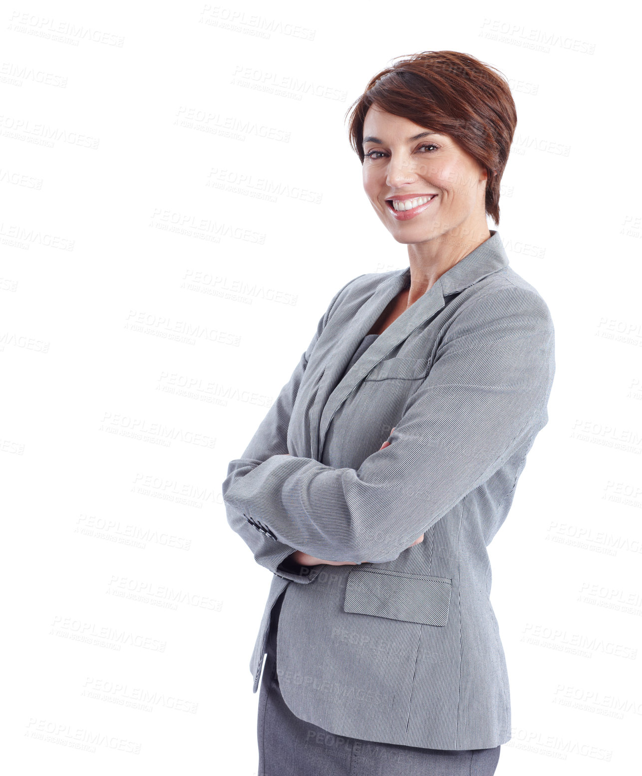 Buy stock photo Pride, portrait or businesswoman with arms crossed, legal advisor or about us as litigation attorney. Space, smile or lawyer with confidence, justice professional or advocate on studio background.
