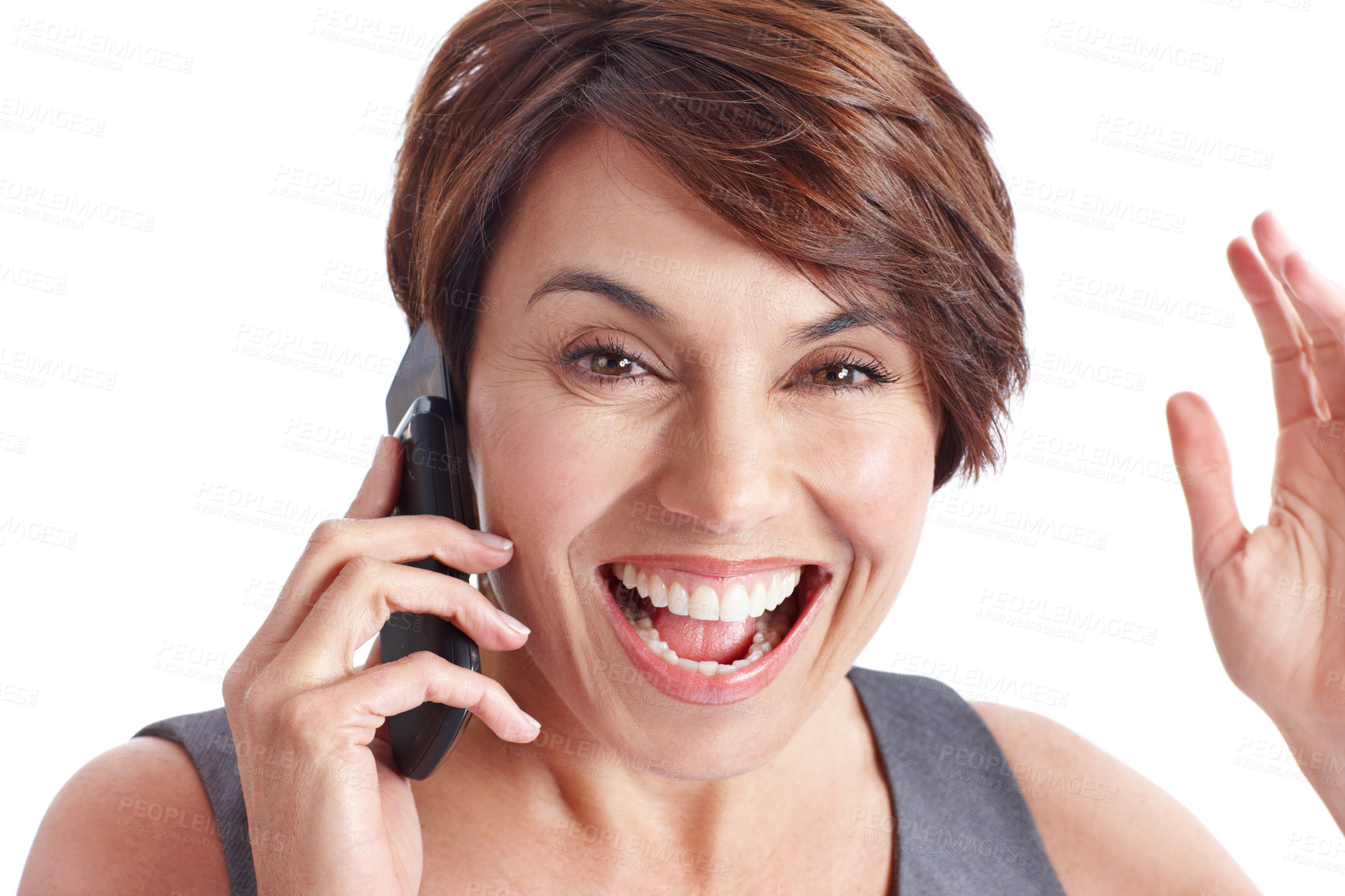 Buy stock photo Portrait, phone call or businesswoman with good news, deal close or positive feedback in chat. Excited, contact or realtor with tech, property sale or investment opportunity on studio background