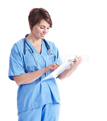 Buy stock photo Reading, smile and medical nurse with clipboard in studio with stethoscope for healthcare, space and job. Nursing, woman or paperwork on white background for schedule, checklist or insurance form
