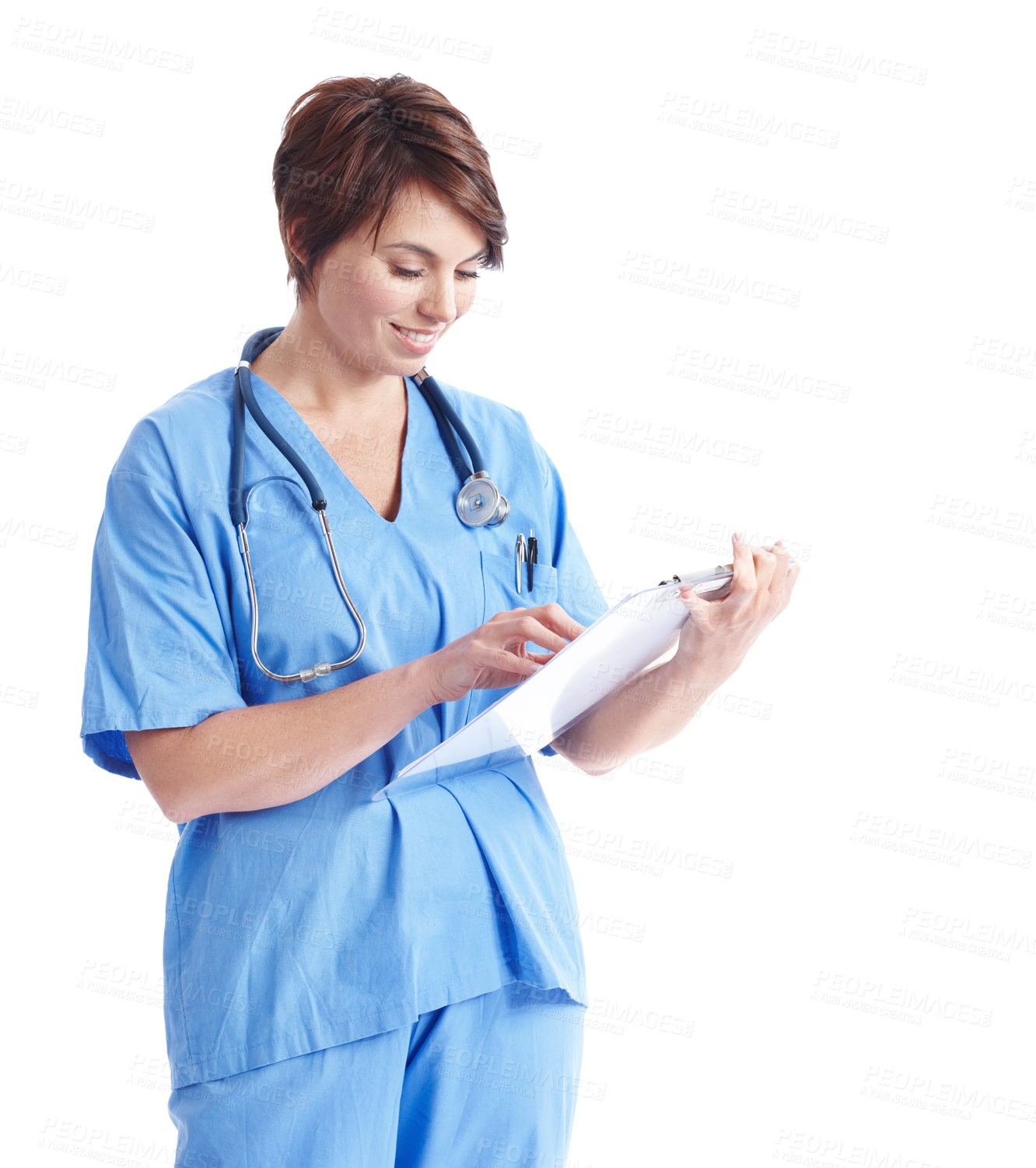 Buy stock photo Reading, smile and medical nurse with clipboard in studio with stethoscope for healthcare, space and job. Nursing, woman or paperwork on white background for schedule, checklist or insurance form