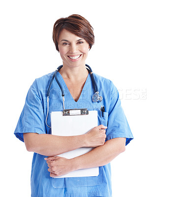 Buy stock photo Portrait, happy and medical nurse with clipboard in studio, stethoscope and healthcare by space. Nursing, woman or paperwork on white background for schedule, checklist or insurance information