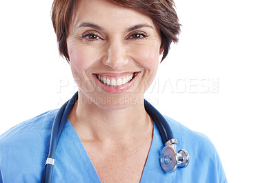 Buy stock photo Portrait, happy and medical nurse in studio with a stethoscope for healthcare, wellness and job. Smile, woman or professional surgeon on white background with space, confident and career in medicine