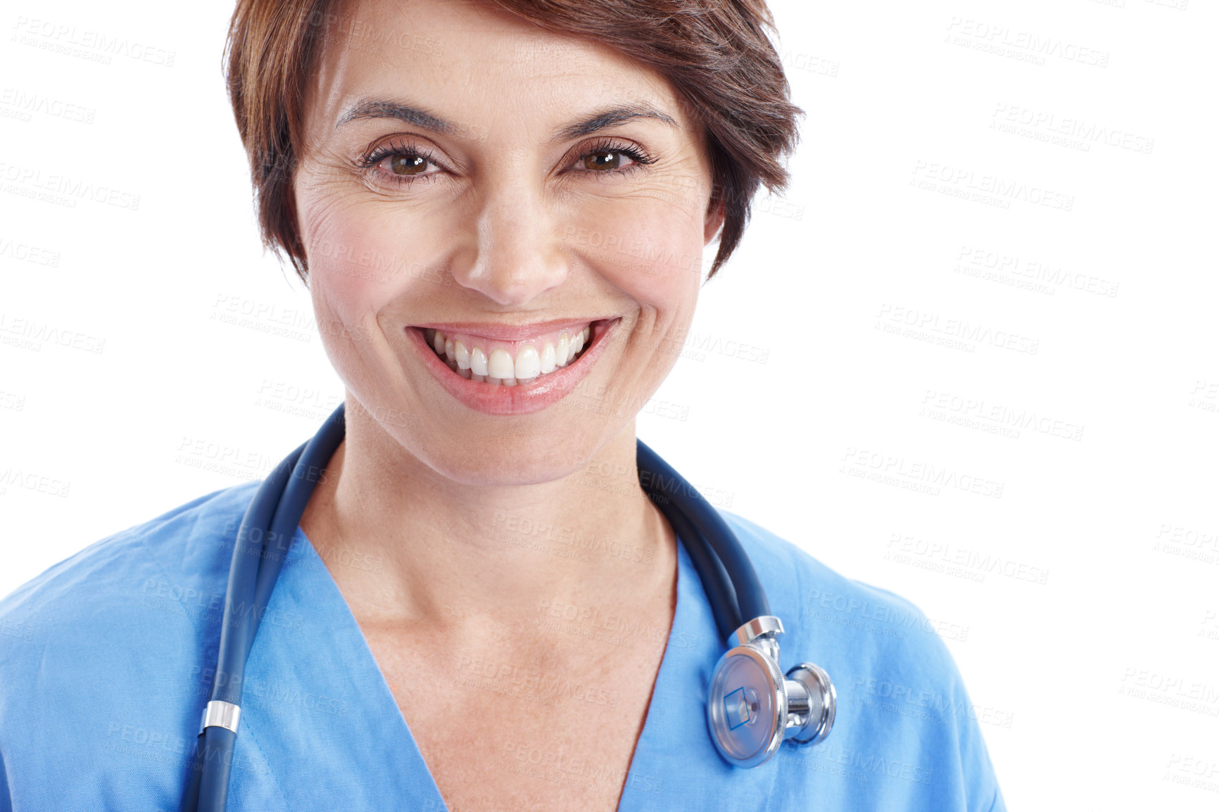 Buy stock photo Portrait, happy and medical nurse in studio with a stethoscope for healthcare, wellness and job. Smile, woman or professional surgeon on white background with space, confident and career in medicine