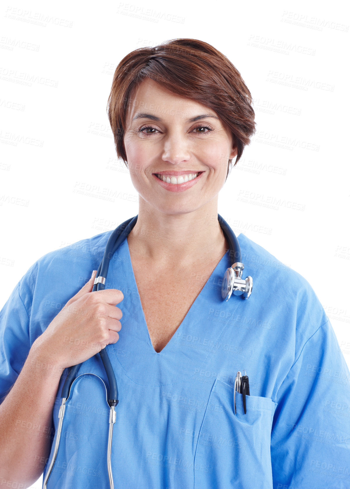 Buy stock photo Portrait, smile and medical nurse in studio with a stethoscope for healthcare, wellness and job. Happy, woman or professional surgeon on white background with scrubs, confident and career in medicine