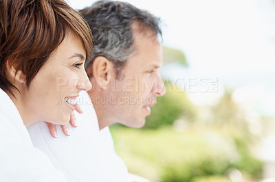 Buy stock photo Calm, thinking or couple outdoor with love, trip memory or tender perspective on romantic vacation. Relax, space or people with commitment, peaceful reflection or marriage nostalgia on summer holiday
