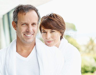 Buy stock photo Travel, smile and portrait of couple at hotel for romantic getaway, bonding and connection. Happy, anniversary vacation and hospitality with mature man and woman in villa for marriage and committed
