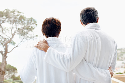 Buy stock photo Love, balcony and back with couple in home for morning, bonding and connection together. Support, wake up and commitment with man and woman relax in apartment for loyalty, care and marriage peace