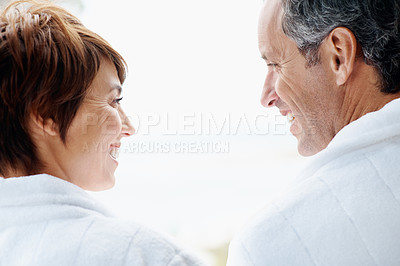 Buy stock photo Travel, smile and love with couple at hotel for romantic getaway, bonding and connection. Happy, anniversary vacation and support with man and woman in villa for marriage, relax and commitment