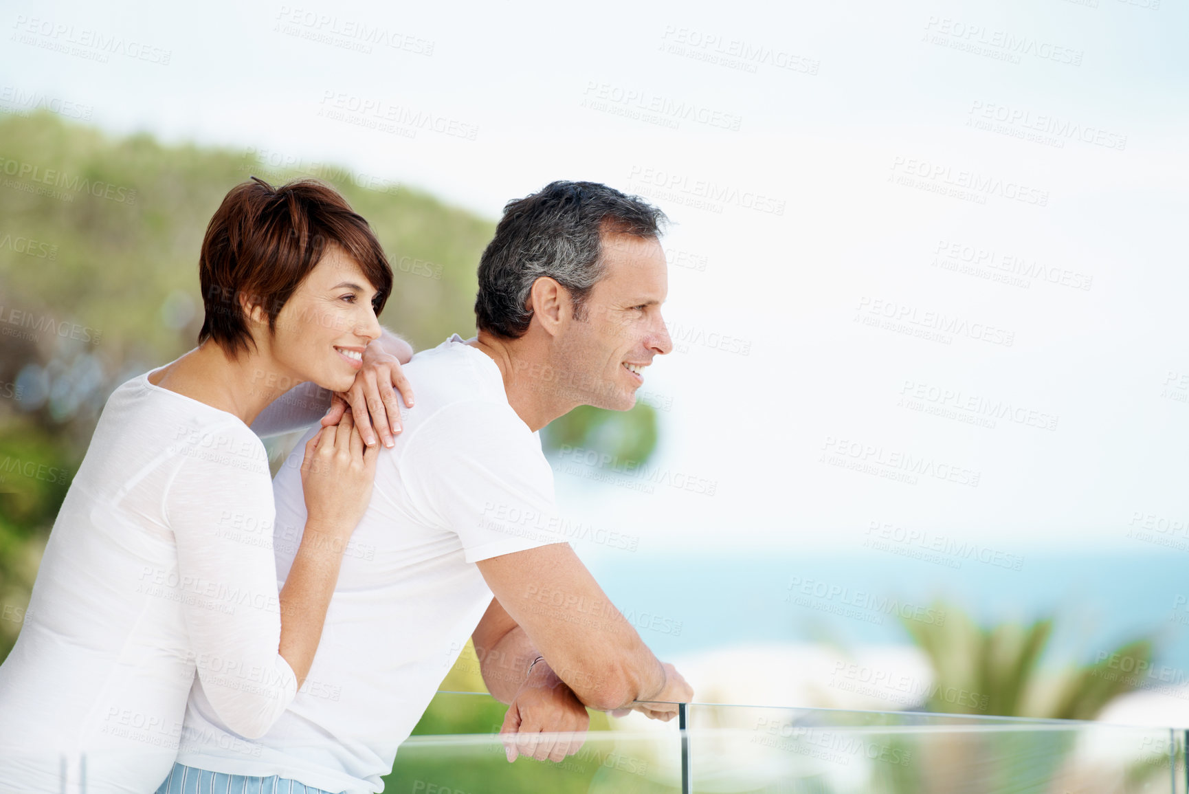 Buy stock photo Calm, thinking or couple on balcony with vacation, trip memory or tender perspective on romantic getaway. Relax, space or people with connection, peaceful reflection or marriage nostalgia on holiday.