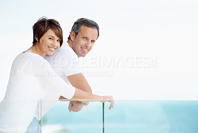 Buy stock photo Love, portrait and balcony with couple at hotel for travel, anniversary getaway and bonding. Marriage, holiday villa and hospitality with man and woman at resort for view, mockup space and support
