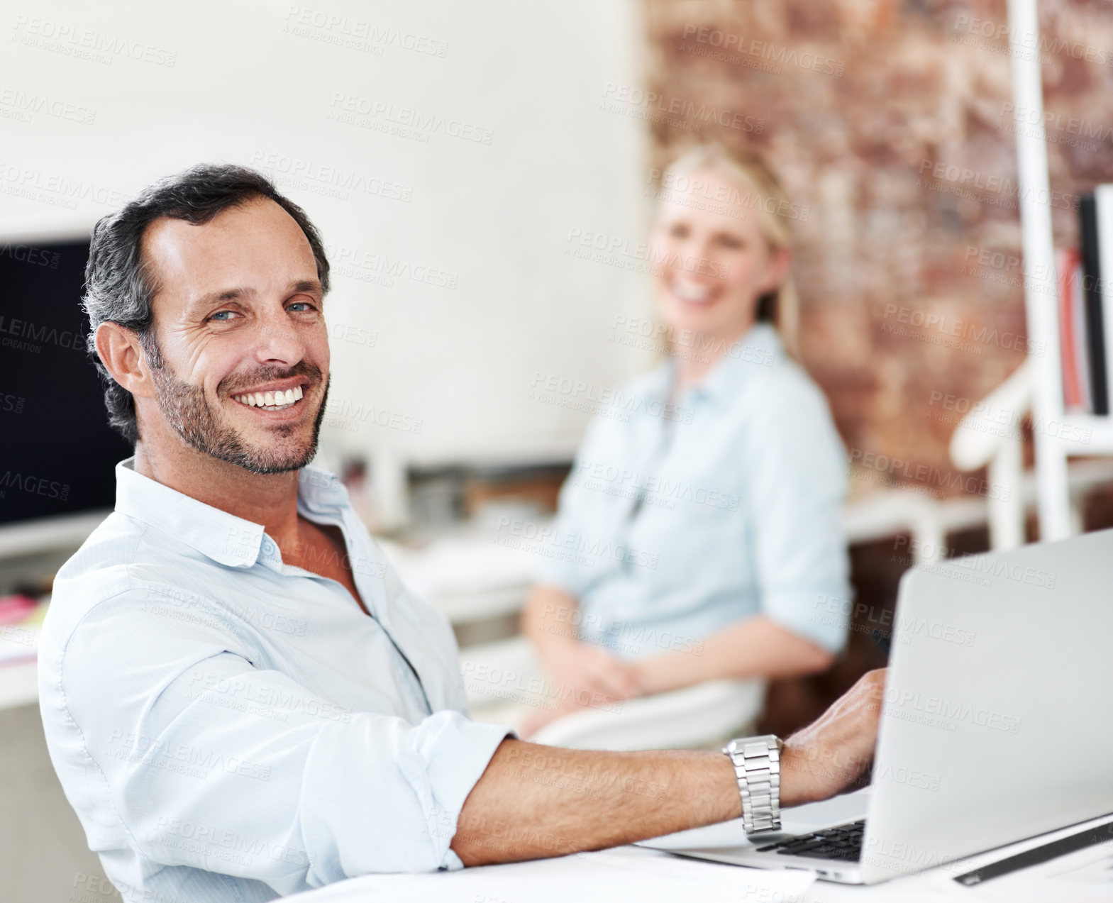 Buy stock photo Portrait, team and laptop with business man in office for planning, marketing and research. Project management, coworking and target audience review with employees with tech in creative agency