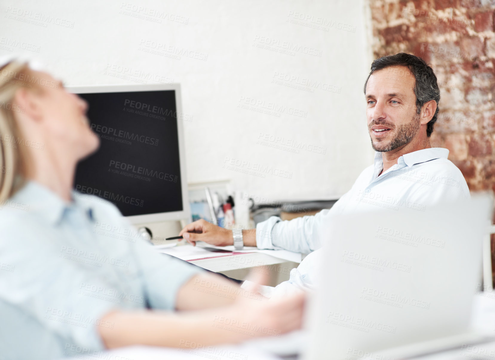 Buy stock photo Discussion, team and manager with business man in office for meeting, marketing idea and research. Project management, collaboration and target audience review with employees in creative agency