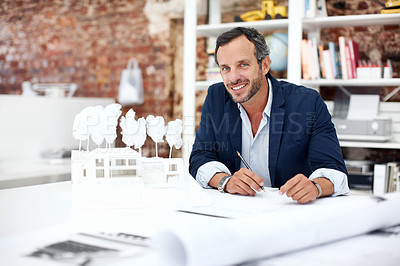 Buy stock photo Portrait, architecture and business man in office with civil engineering, design and 3d model. Architect, mature person or blueprint planning, contractor or happy employee with paperwork in workplace