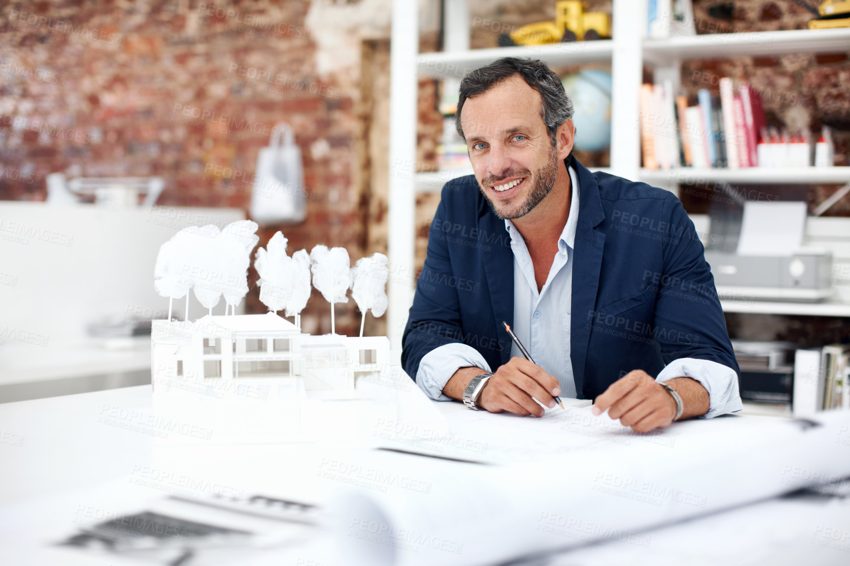 Buy stock photo Portrait, architecture and business man in office with civil engineering, design and 3d model. Architect, mature person or blueprint planning, contractor or happy employee with paperwork in workplace