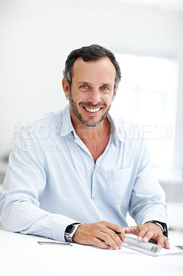 Buy stock photo Portrait, documents and business man in office for about us, branding manager and professional in startup. Confidence, creative director and happy with mature employee in media agency as consultant