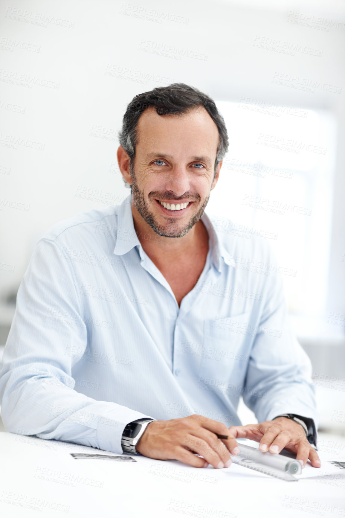 Buy stock photo Portrait, documents and business man in office for about us, branding manager and professional in startup. Confidence, creative director and happy with mature employee in media agency as consultant