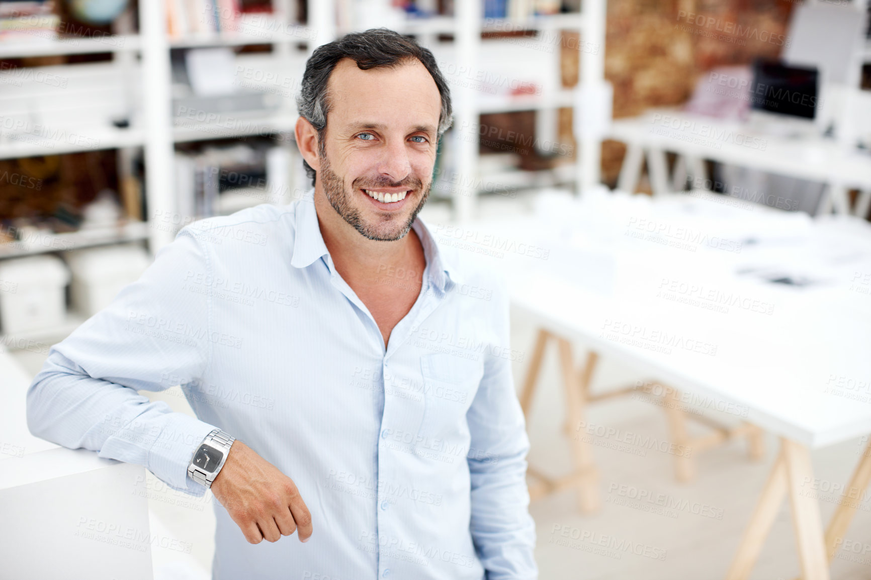 Buy stock photo Portrait, happy and business man in office for about us, branding manager or professional in startup. Confidence, creative director and smile with mature employee in media agency as consultant