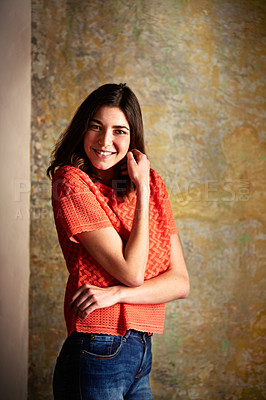 Buy stock photo Portrait of a young woman posing in front of a map on a wall