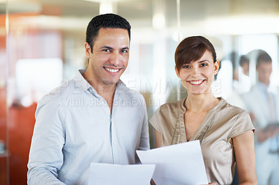 Buy stock photo Portrait of a two coworkers standing in an office