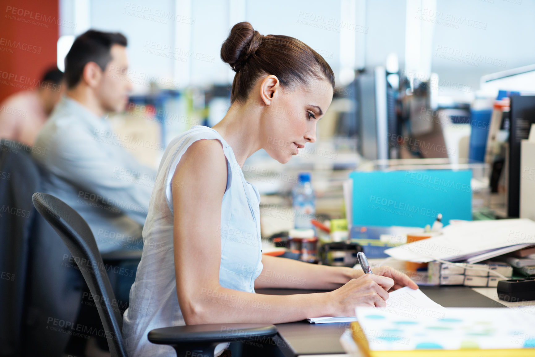 Buy stock photo Business, woman or writing on paperwork in office for story ideas, source notes or draft editing. Creative, editor or fact check at coworking agency for news credibility, manuscript grammar or review