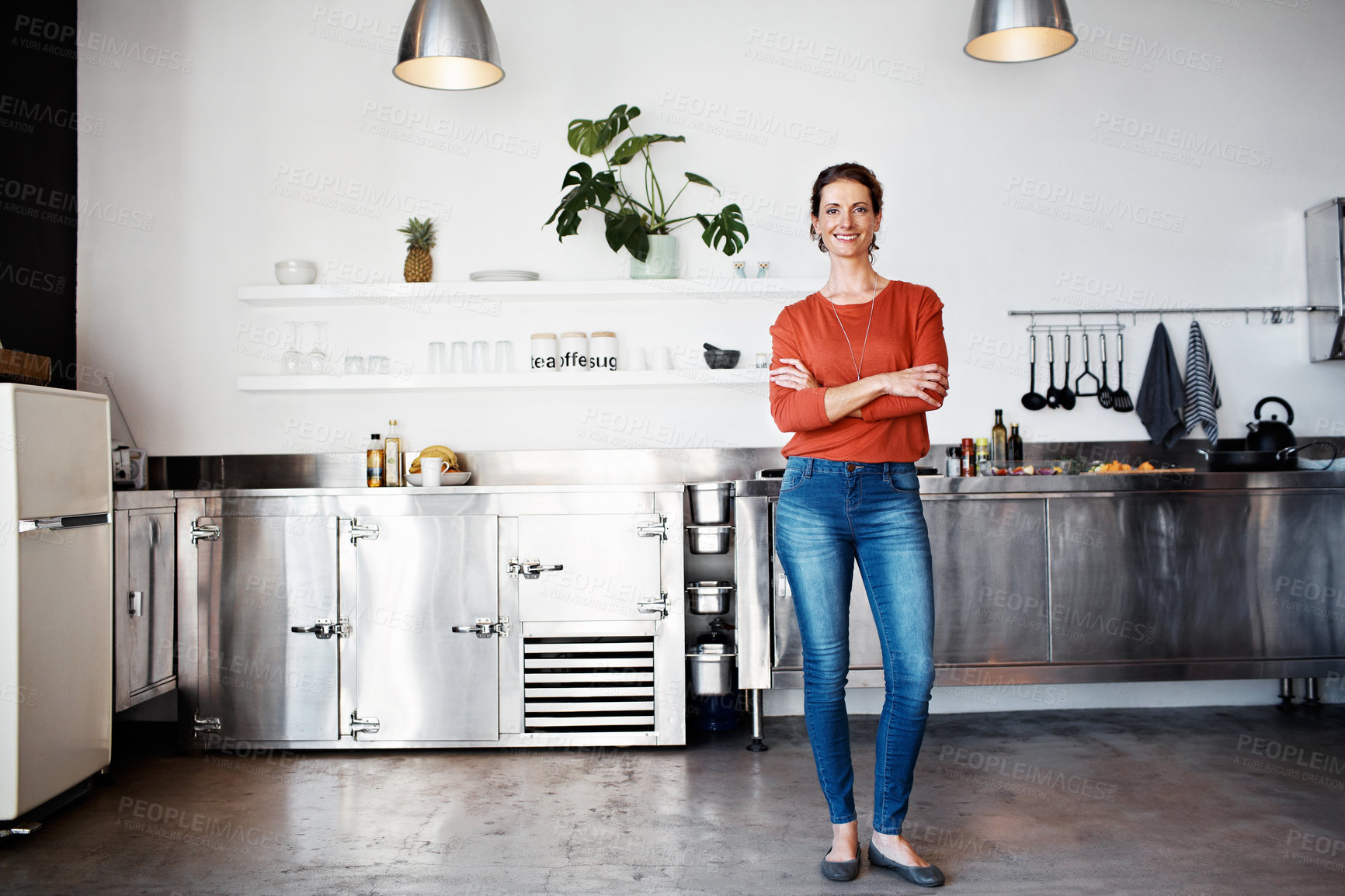 Buy stock photo Portrait, woman and arms crossed in kitchen for meal prep, recipe confidence and relax on weekend. Happy, person and pride in home for culinary hobby, healthy cooking and ready for dinner dish