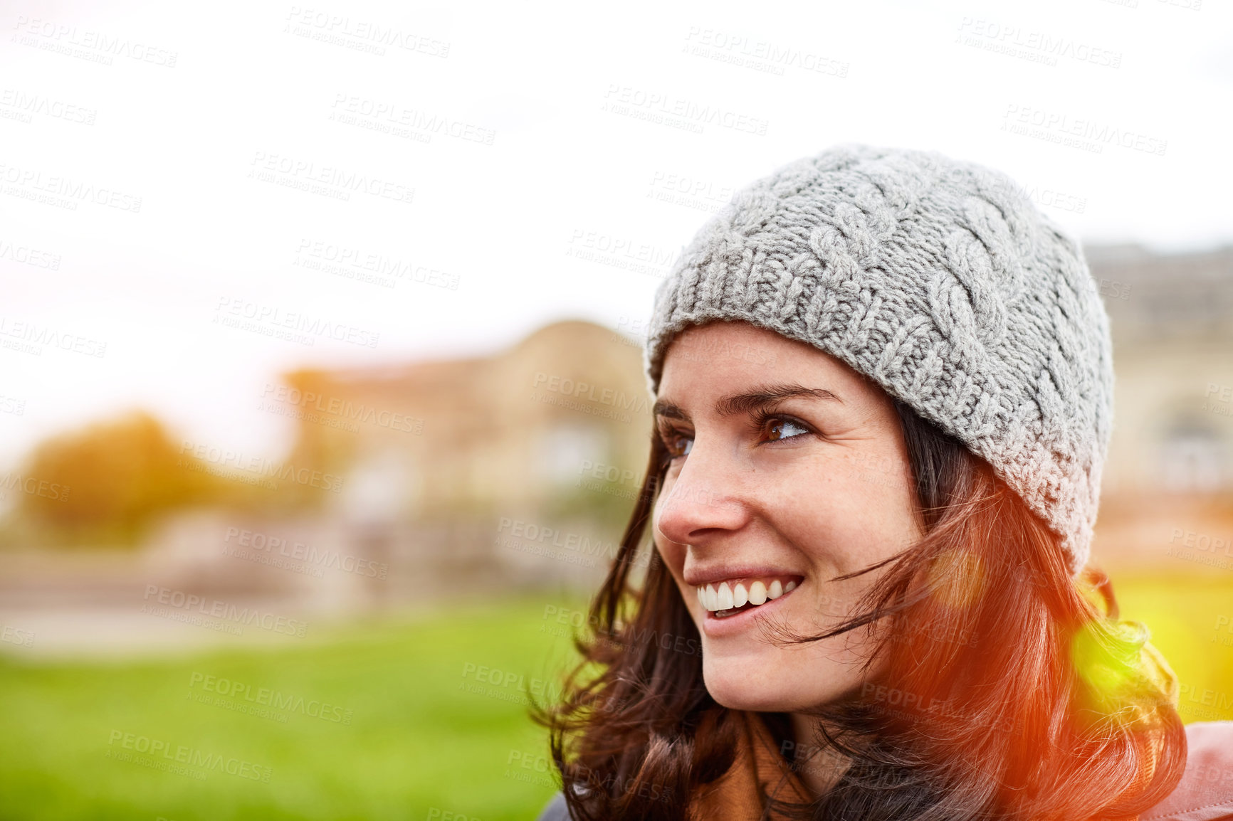 Buy stock photo Happy, woman and thinking outdoor with positive mindset, good memories and inspiration for wellness. Space, female person and smile with fresh air for reflection, stress relief or daydream for future