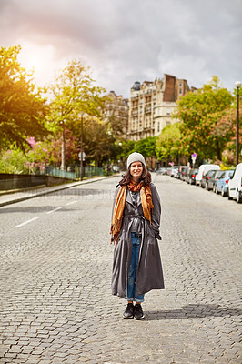 Buy stock photo Portrait of an attractive young woman out for a walk in Paris