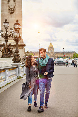 Buy stock photo Shot of a happy young couple enjoying a day together in Paris