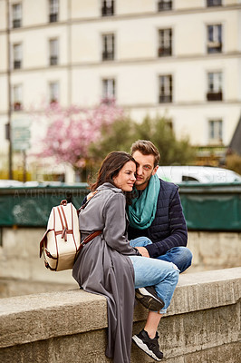 Buy stock photo Shot of a happy young couple enjoying a day together in Paris