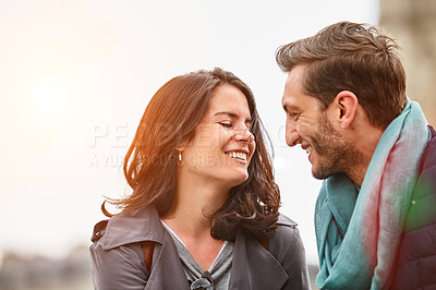 Buy stock photo Shot of a happy young couple enjoying a day together in Paris