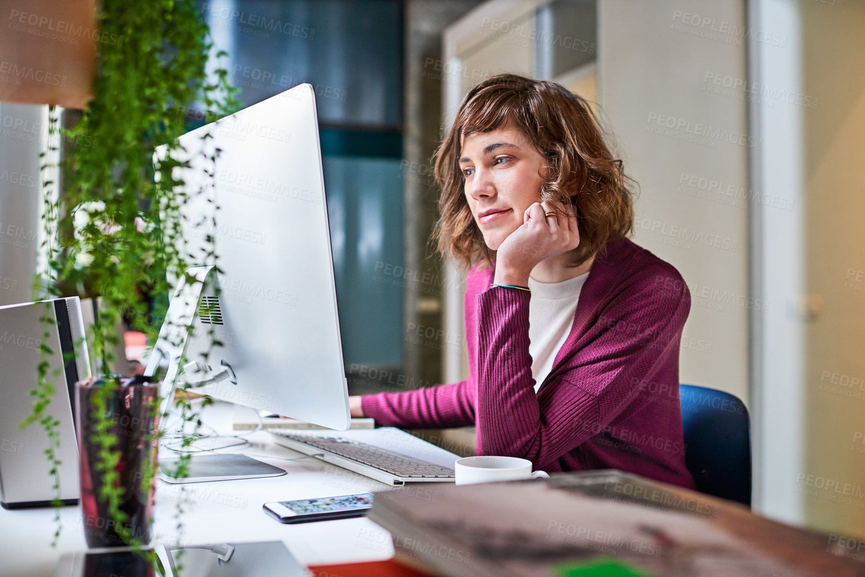 Buy stock photo Creative, remote work and woman with computer in home office, editing and review design assignment. Freelance, graphic designer and person with technology, online and research for project in house