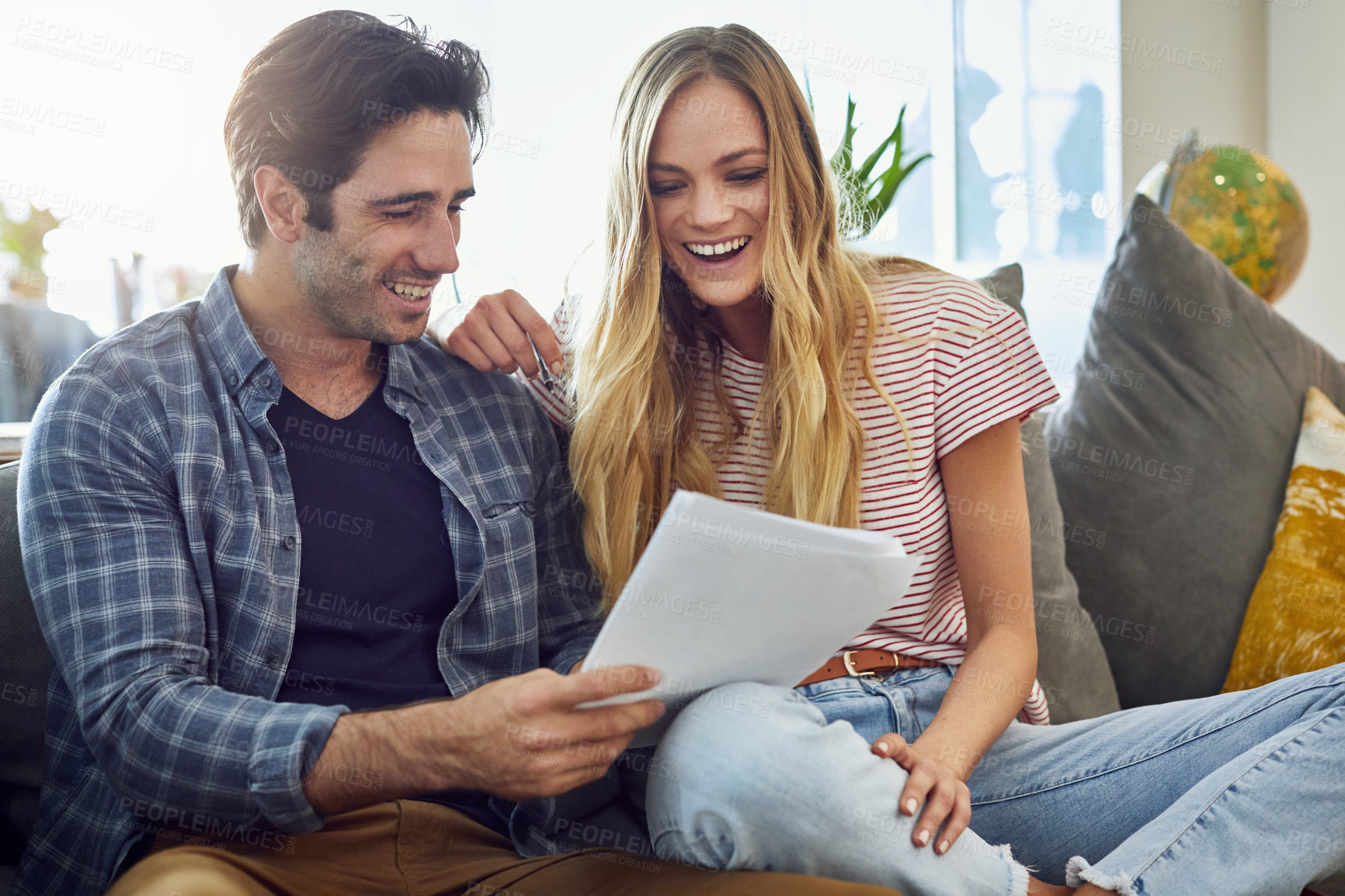 Buy stock photo Documents, smile and planning with couple on sofa for budget, account profit or finance. Bookkeeping records,  banking paperwork and happy with man and woman in home for income growth and success