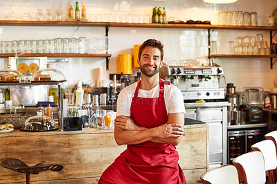 Buy stock photo Portrait of a male barista on duty in a coffee shop