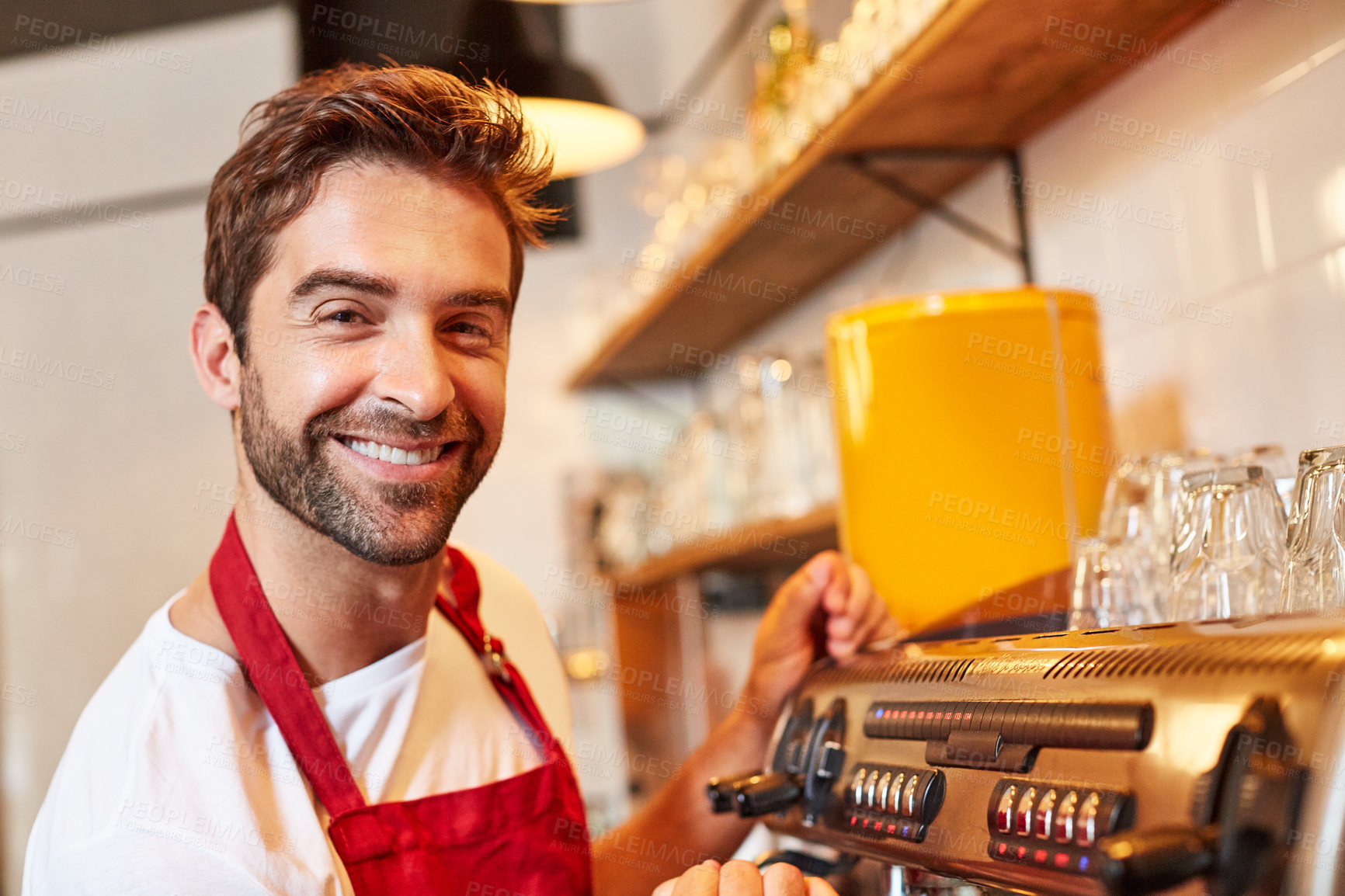 Buy stock photo Portrait of a male barista on duty in a coffee shop