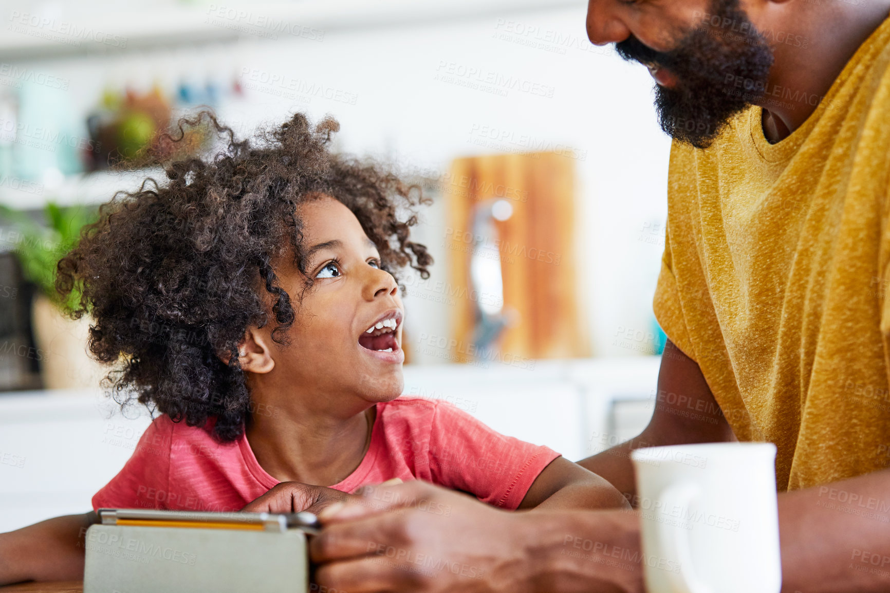 Buy stock photo Surprise, kid and father with tablet for bonding, screen time and online game win in kitchen. Family, man and boy in house with tech for playing, wow or excited with gaming reward and together